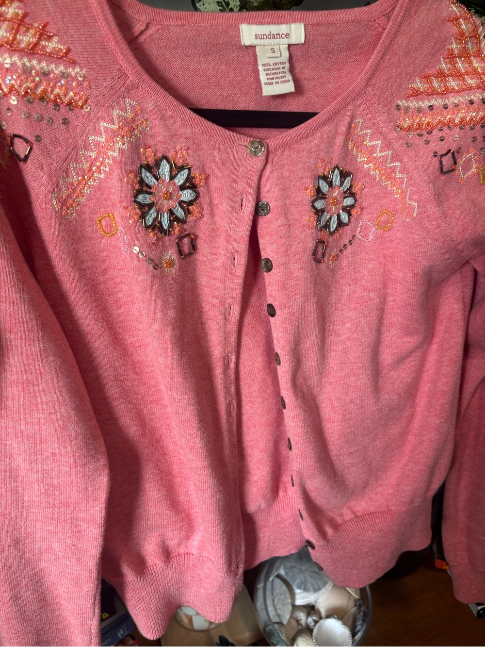 Sundance Coral Pink Floral Beaded Cardigan | Small - Picture 4 of 6